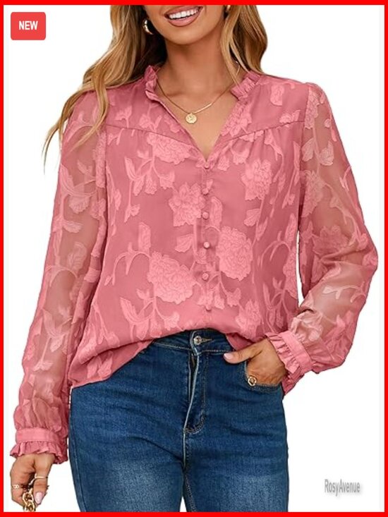 Tops - Dressy Casual Loose Fit V Neck Chiffon Blouse Long Sleeve Tunic